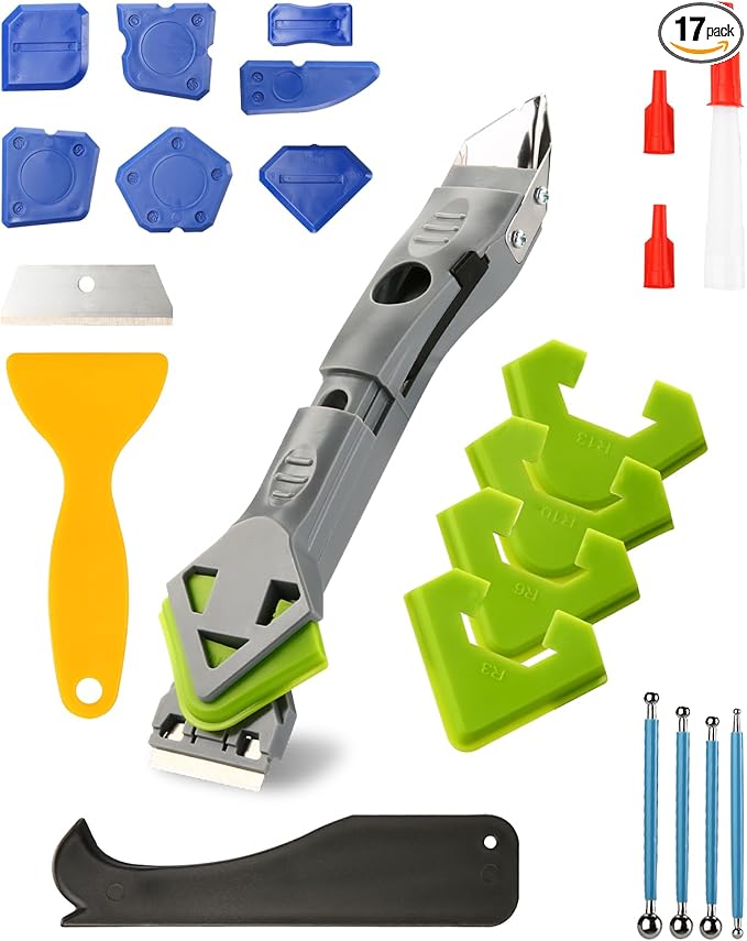 7-in-1 Caulking Tool Kit, Silicone Caulk Finishing & Smoothing Tool, Sealant Trimming and Removal Tool with Scraper for Bathroom, Shower, Sink Sealant & Grout Projects (17PCS) (17)