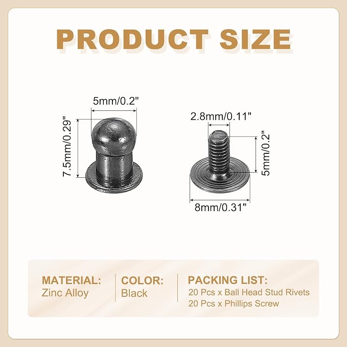 PATIKIL 5 mm Leather Rivets, 20 Sets Ball Head Stud Screw Back Round Head Button Chicago Screw Nipple Stud Rivet for Leather DIY Craft Handbag Belt Repairs, Black