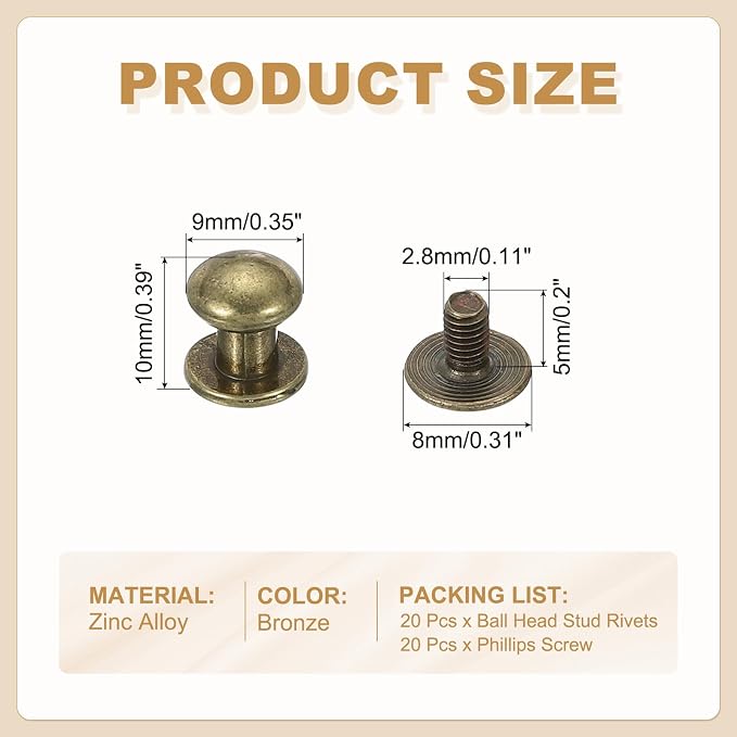 PATIKIL 9 mm Leather Rivets, 20 Sets Ball Head Stud Screw Back Round Head Button Chicago Screw Nipple Stud Rivet for Leather DIY Craft Handbag Belt Repairs, Bronze