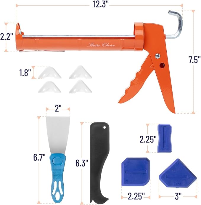 Bates- Caulk Gun Kit, 10:1 Thrust Ratio, Caulking Gun, Caulk Remover Tool, 2 Inch Stainless Steel Putty Knife Scraper, Finishing, Smoothing & Grout Removal Tool, Caulking Tool Kit