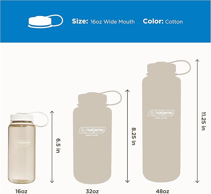 Nalgene 16 oz Wide Mouth Water Bottle | Slim Cup Holder Size, BPA-Free, Durable & Leak Proof, Lightweight Travel Bottle, Cotton