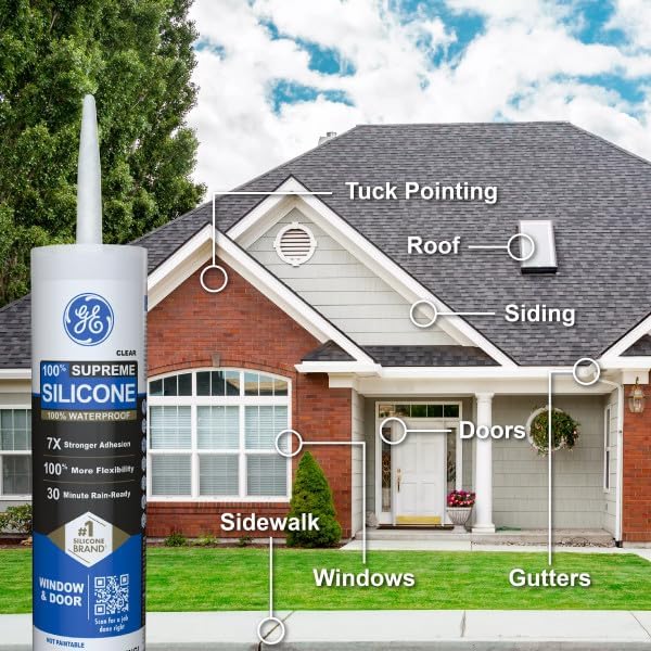 GE Supreme Silicone Caulk for Window & Door, Clear, 10 fl oz Cartridge, 12 Pack - 100% Waterproof Silicone Sealant, 7X Stronger Adhesion, Shrink & Crack Proof