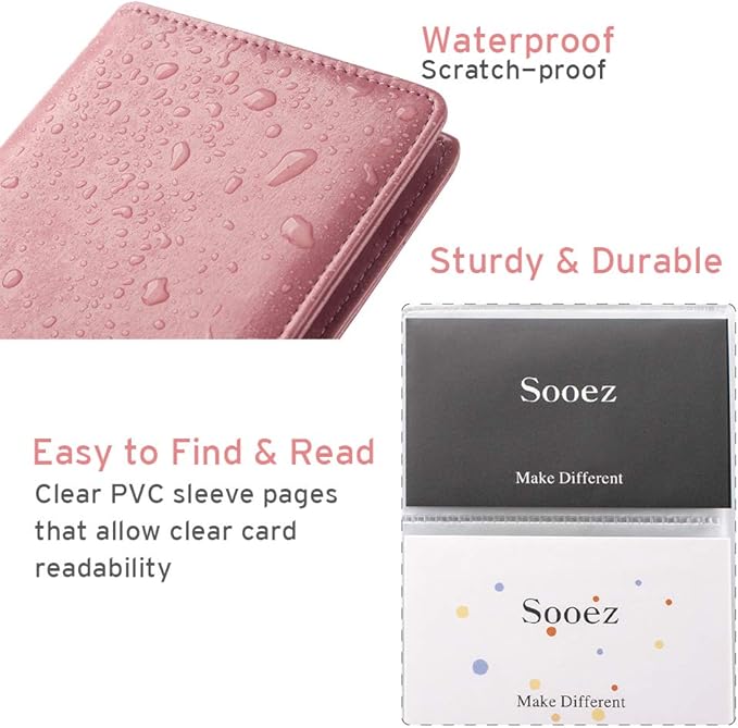 Sooez Leather Professional Business Card Book Holder Organizer, 240 Capacity Credit Card Booklet, PU Name Cards Holder Storage File for Men Women, 7.7"x 4.5" x 0.7", Pink