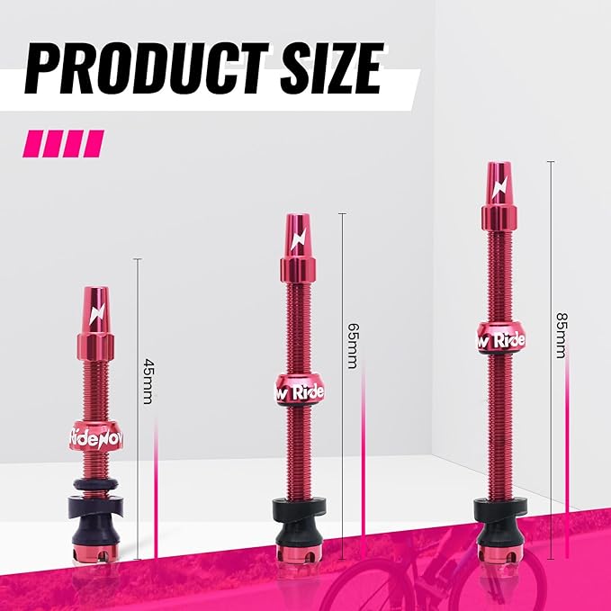 RideNow Tubeless Presta Valve Stems, 65mm Super Light 7075 Aluminum Alloy Presta Tubeless Valve Stem Kit with Valve Core Remover Tool and Valve Stem Caps, Multiple Color & Size Options(Pair), Rose Red