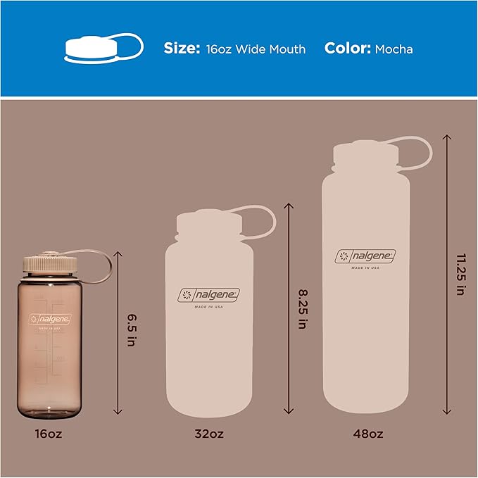 Nalgene 16 oz Wide Mouth Water Bottle | Slim Cup Holder Size, BPA-Free, Durable & Leak Proof, Lightweight Travel Bottle, Mocha