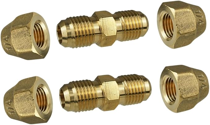2 Pieces AC Copper Pipe Extension Joint Connectors 1/4" Brass Flare Fitting Nuts Butt Copper Tube Fitting with Flare Nut
