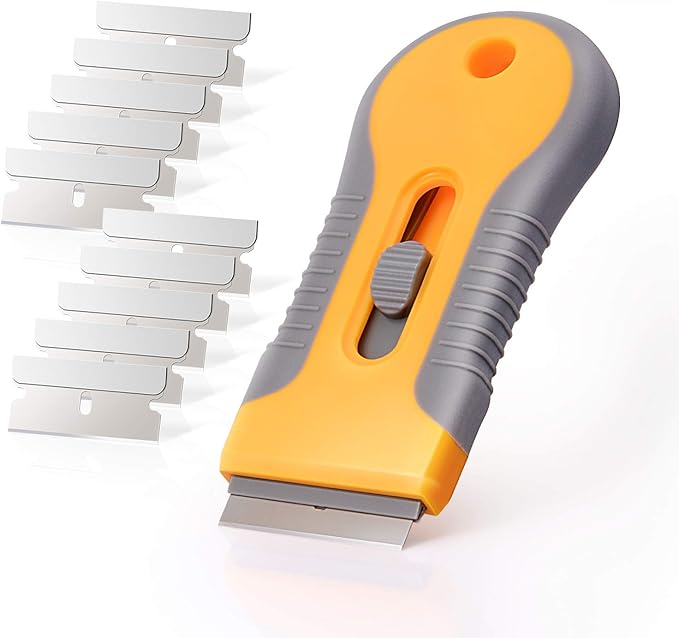 EHDIS Car Sticker Remover Glass Cooktop Razor Scraper with 10pcs Replace Blades for Label,Glue,Paint,Adhesive Remover,Oven Door, Stove Cleaning-Yellow