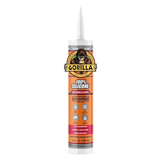 Gorilla 100% Silicone Caulk Kitchen & Bath Sealant, Mold Resistant, 10 oz. Cartridge, Clear