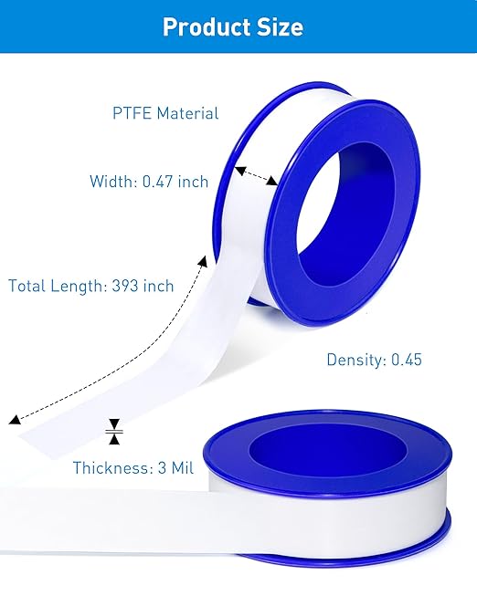 3 Roll Plumbers Teflon Tape, Water Pipe Sealing, Plumbing, High-Density Performance Waterproof Duct, Thread Seal Tape. L 390 in x W 0.47 in. Blue
