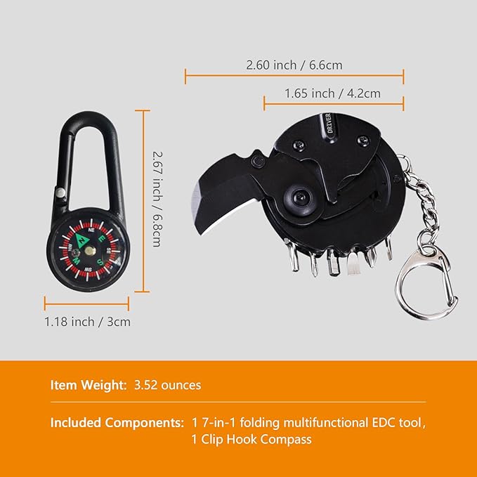 7-in-1 mini outdoor folding multifunctional tool - Small EDC Multitool with Screwdriver Set - portable pocket pendant -Compact Manual Tool (Black stainless steel)