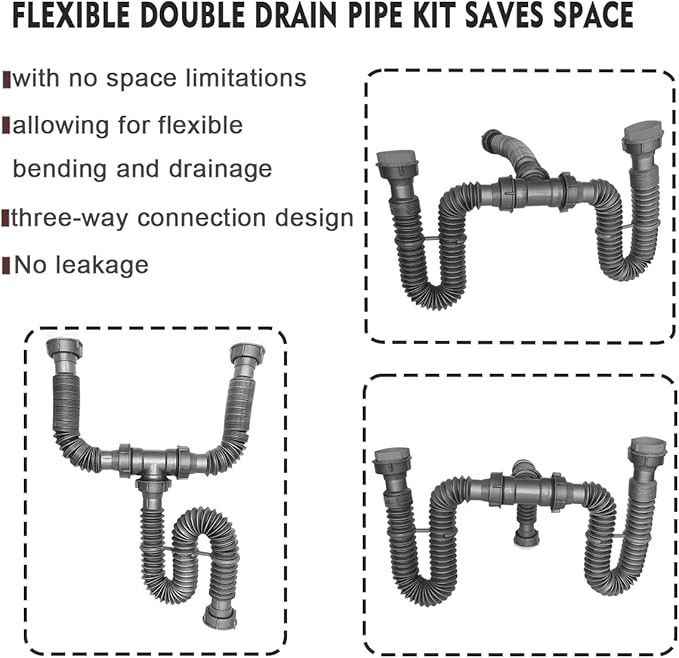 Flexible Expandable Double P-Trap Kit for 1 1/2" or 1 1/4" Double Bowl Sink Drain, Tube Pipes Kit Fit for Kitchen, Bathroom, Complete with Sealing Ring, Tape, and Tubing