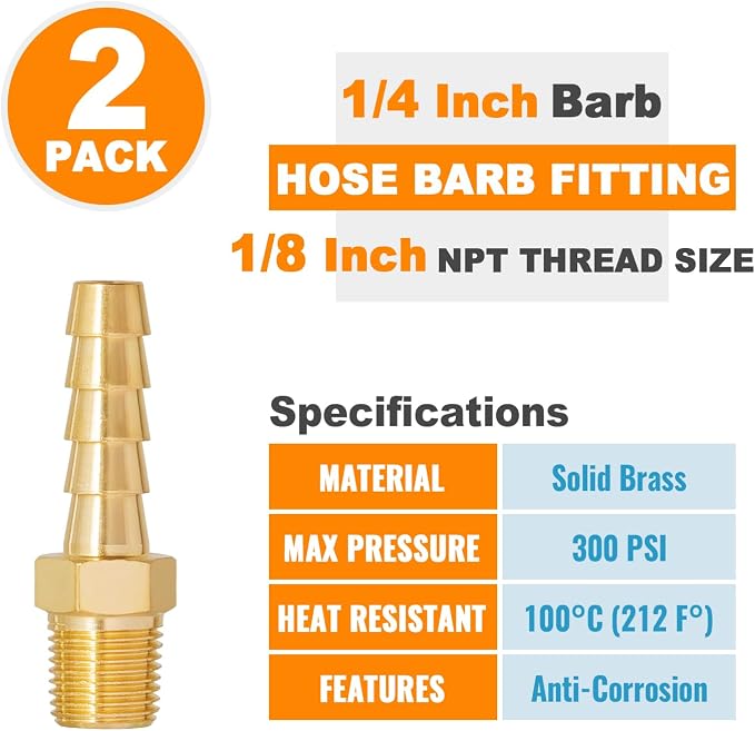 SUNGATOR Hose Barb Fittings 1/4 Inch Barb × 1/8 Inch NPT, Brass Air Hose Fittings, 1/4" to 1/8" NPT Male Air Line Repair Connector Kit, Brass Male Thread Pipe Adapter (2 Pack)
