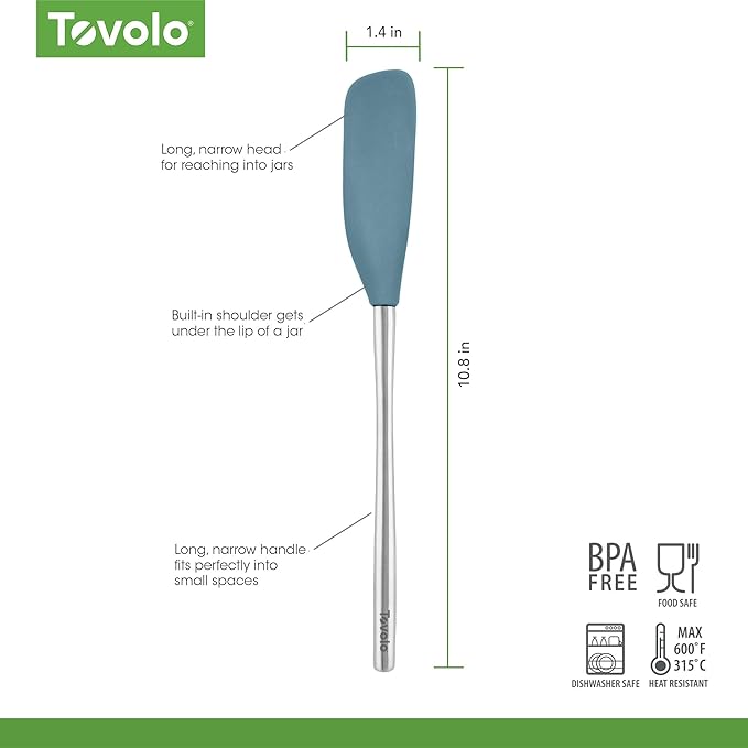 Tovolo Jar Spatula Silicone Long Stainless Steel Handle Scraper Spatula Blue Slate, Jar Scraper Heat Resistant Dishwasher Safe BPA Free Kitchen Utensil for Scraping Spreading Jelly Peanut Butter