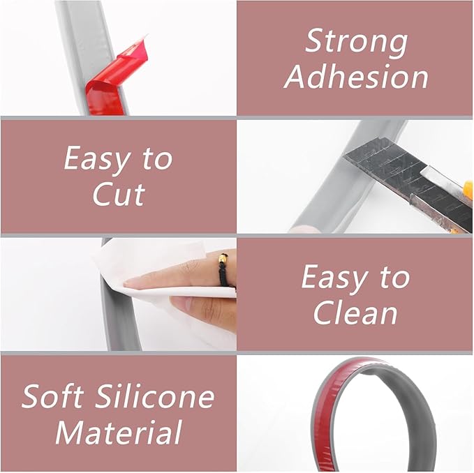 78 Inch Shower Threshold Water Dam, Silicone Barrier Shower Door Bottom Seal Strip, Self Adhesive Waterproof Barrier, for Kitchen Countertop Sink, Cooktop, Bathroom (Grey)