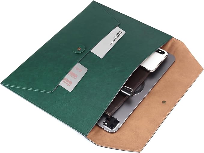 Leather File Folder for Documents,Important Document Folder with String Tie,Laptop Sleeve Notebook Case,Leather File Organizer,A4 Envelopes Filing Folder (Horizontal, Green)