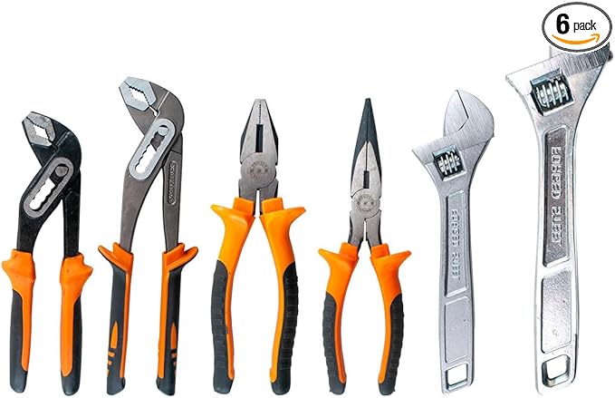 6-Piece Large Pilers and Wrench Set,8" & 10" Groove Joint Pliers,8" & 12" Adjustable Wrench with 8 Inch Long Nose and Lineman's Pliers for Home Use and DIY Project