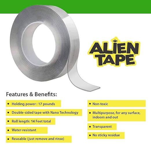 ALIEN TAPE Heavy Duty Double Sided Tape, Nano Tape, Feet Clear Adhesive Tape for Poster Photo Wall Decor As Seen on TV, (2 Rolls - 14 Feet)