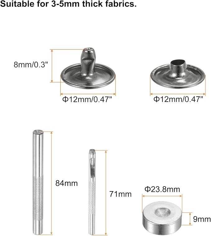 HARFINGTON 100 Sets Leather Rivets 8 x 12mm Metal Double Cap Rivet Snaps Studs Fasteners with 3pcs Setting Tools Rivets for Leather Craft DIY Repair Decoration, Gunmetal