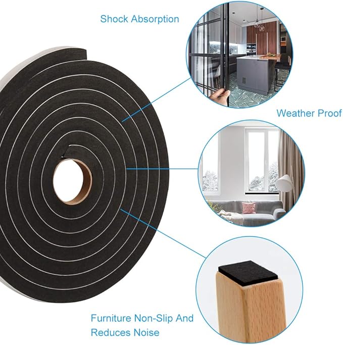 Window Door Seal Tape 1/2Inch Wide X 1/2Inch Thick, Weather Stripping for Doors High Density Foam Seal Tape Sliding Door Weather Strip,10 Feet Long …