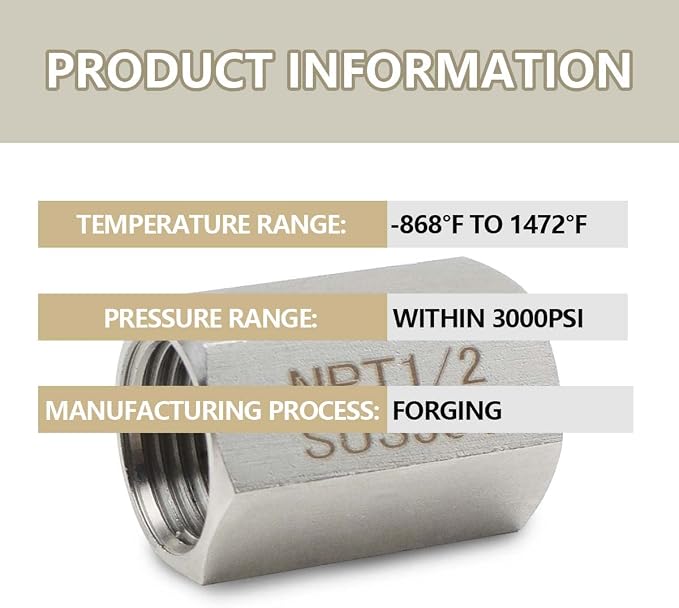 Bwintech 3 Pcs 304 Stainless Steel Forging Hex Coupling, 1/2" NPT x 1/2" NPT Female Threaded Pipe Fittings, Hex Coupling Rod Version
