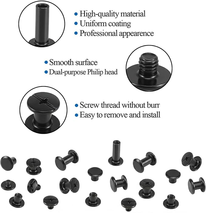 Matte Black Chicago Screws Leather Kit, 7 Sizes, 90 Sets | M5 X 4, 5, 6, 7, 8, 10, 12, Screw Rivets, For Crafts, Clothing, Shoes, Belts, Bags