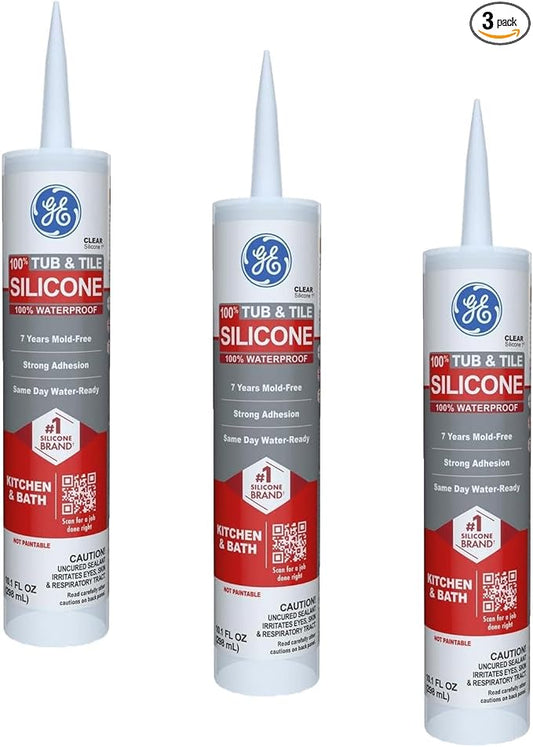 GE Sealants & Adhesives GE612 Tub & Tile Silicone 1 Sealant, 10.1oz, Clear (Pack of 3)