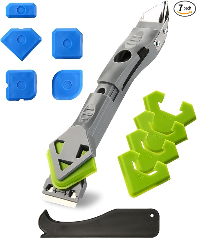 7 in 1 Caulking Tool, Caulk Remover Tool Kit with 5 Pcs Replaceable Silicone Pads, Grout Removal, Scraper for Bathroom, Kitchen and Window Sealant Trimming (7)