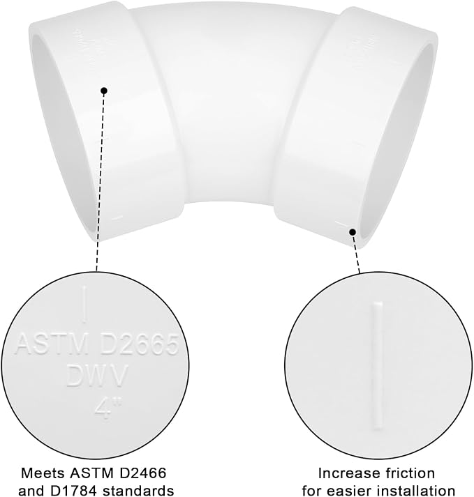 4" PVC DWV Sanitary 45-Degree Elbow Pipe Fitting Connector (Socket x Socket) White SCH40 4" PVC DWV 45° Elbow Corner Adapter for Drain, Waste, Vent