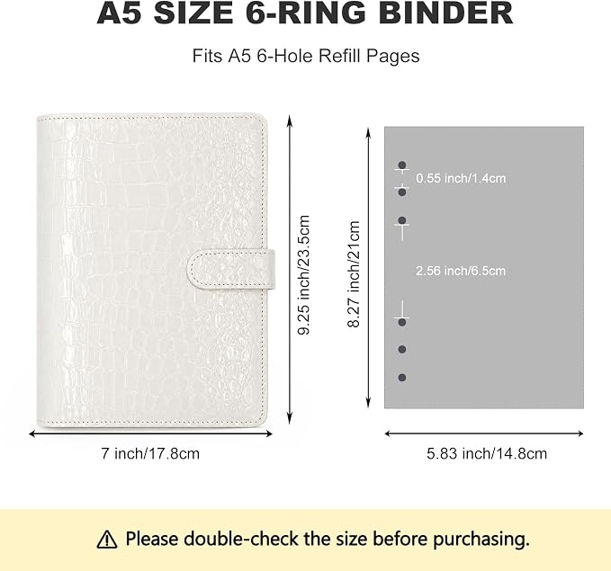 Convend A5/A6 Refillable 6 Ring Binder Cover, Crocodile-Textured PU Leather Notebook Binder with Hidden Snap Closure, Planner Organizer, (White)