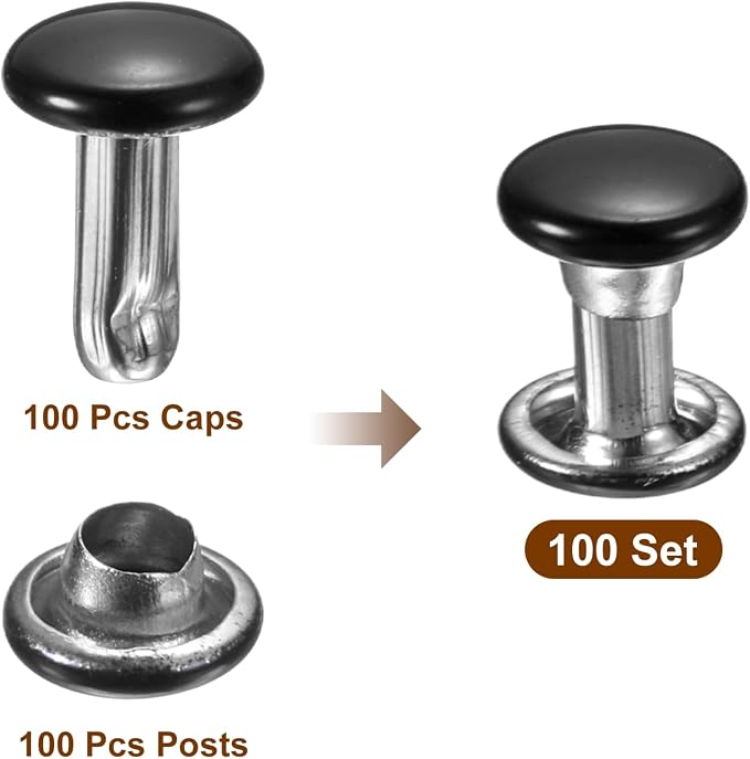 HARFINGTON 100 Sets Double Cap Leather Rivets, 6x8mm Round Cap Tubular Metal Studs Leather Crafting Rivets for Fabric Belt Pet Collar Boot Bag Repair and Decoration, Black