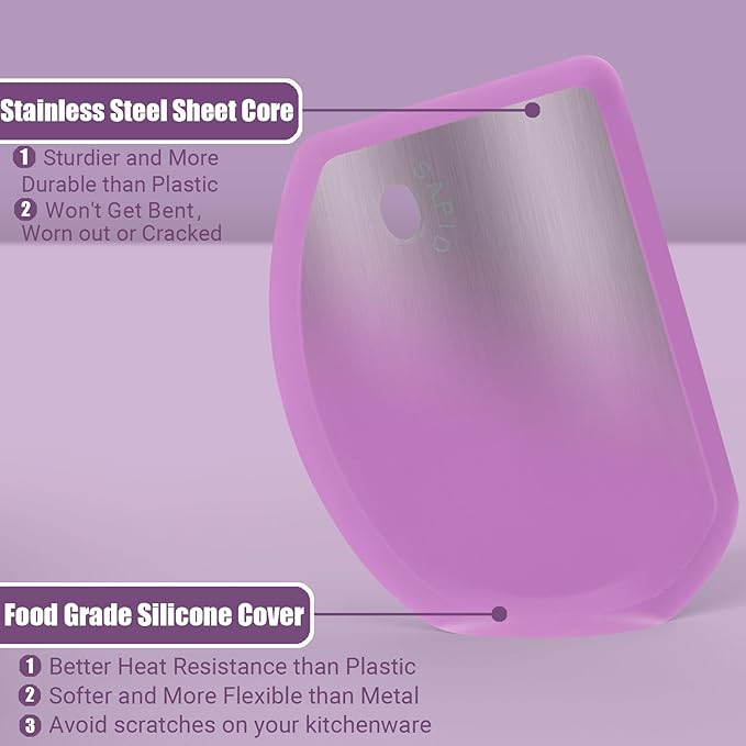 Silicone Dough Scraper with Stainless Steel Sheet, Curved Edge Flexible Bowl Scraper for Baking, Food Grade Silicone Bench Scraper for Sourdough Bread Proofing Basket, Set of 2, Gray & Purple, SAPID