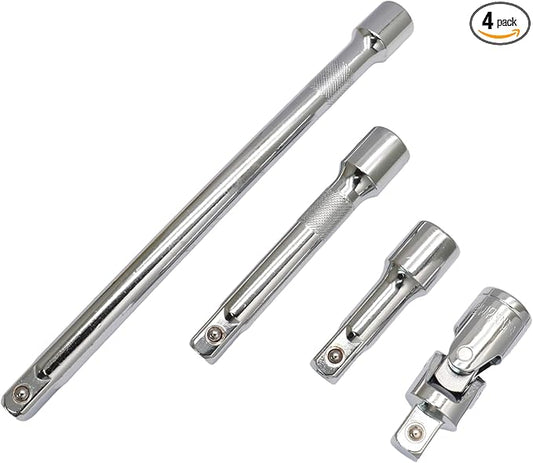 4 Pcs 1/2 Inch Socket Extension Set, CR-V Ratchet Extension Set Include 3, 6, 10 Inch Bars and 1/2" Universal Joint Socket for Ratchets and Torque Wrenches, Ideal for Repair, DIY