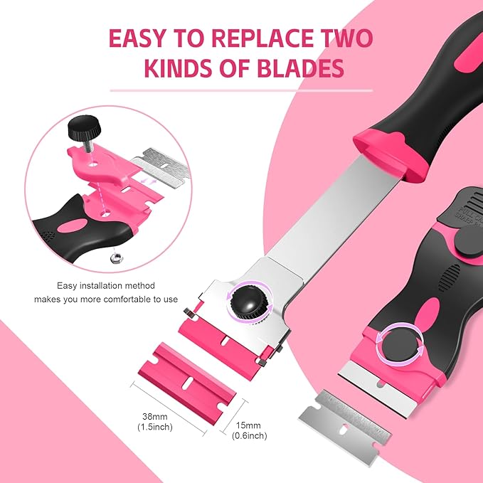 Ywmoml 3 Pack Razor Blade Scraper Set, Includes 30 Plastic & 30 Metal Blades, Multi-Purpose Tool for Glass, Cooktop, Sticker Removal, Paint & Gum Cleaning (Pink)