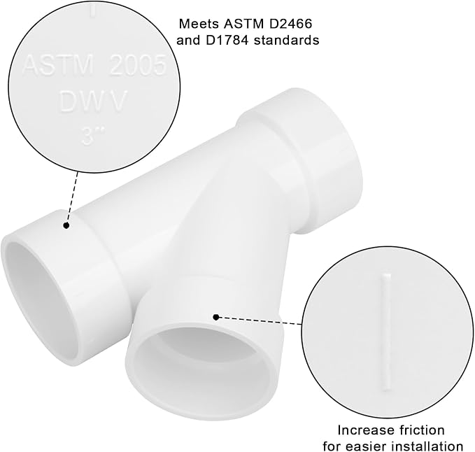 3" PVC 45 Degree Wye DWV Pipe Fittings (Socket x Socket x S) SCH40 PVC DWV Sanitary Y-TEE Pipe Fittings Connectors for Drain, Waste, Vent