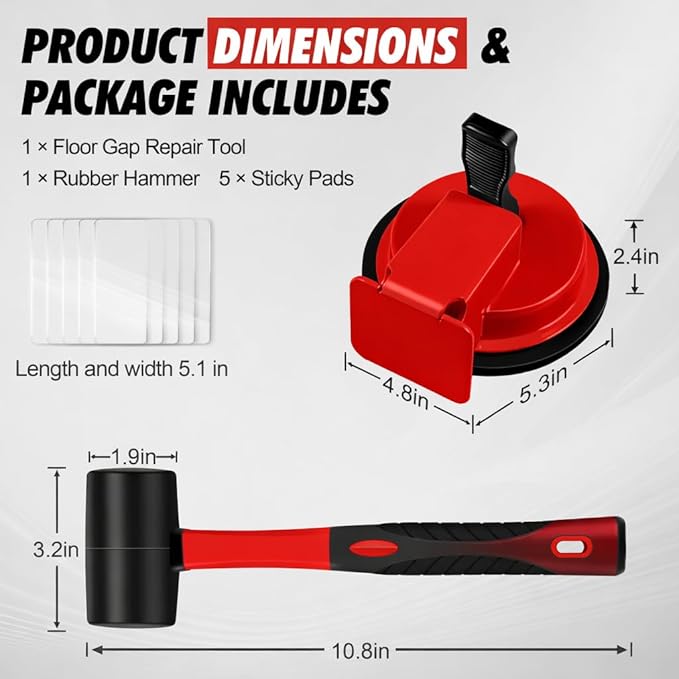 Floor Gap Fixer Tool with Rubber Mallet, Iron Body & Strong Suction Cup, Includes 5 Sticky Pads for Laminate, Vinyl, Wood & Tile Flooring Installation and Repair