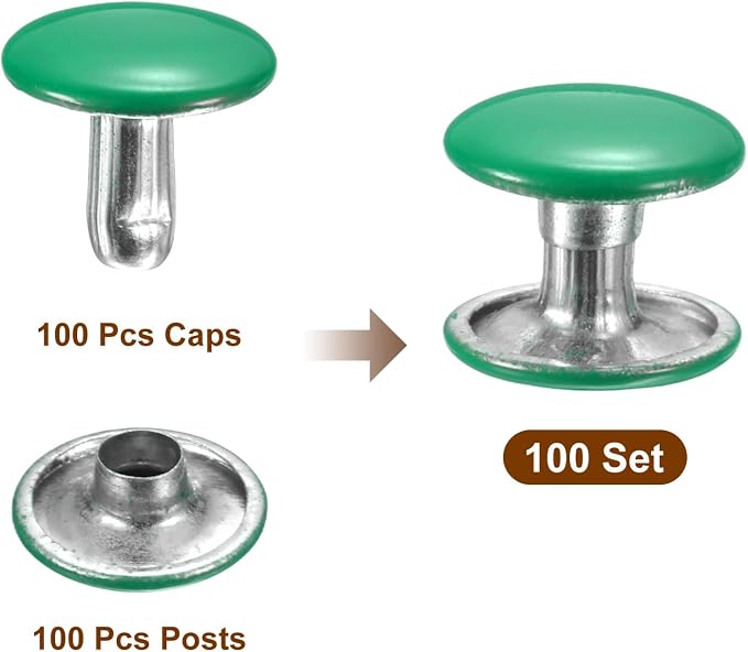 HARFINGTON 100 Sets Double Cap Leather Rivets, 10x10mm Round Cap Tubular Metal Studs Leather Crafting Rivets for Fabric Belt Pet Collar Boot Bag Repair and Decoration, Green