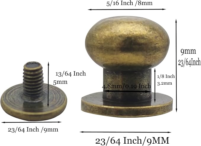 Denailey 12 Sets Solid Brass Round Head Button Stud Screw Leather Rivet Chicago Screws Button Rivets for Leather Craft Belt Wallet Handbag Repairs Decoration (Round Head Size 8mm, Shiny Gunmetal)