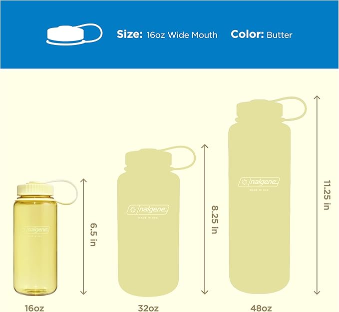 Nalgene 16 oz Wide Mouth Water Bottle | Slim Cup Holder Size, BPA-Free, Durable & Leak Proof, Lightweight Travel Bottle, Butter