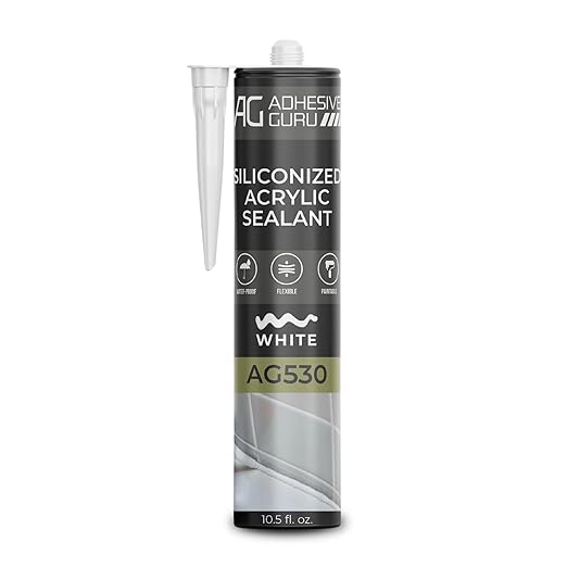 Adhesive Guru AG530 Siliconized Acrylic Sealant (24x10.5 fl oz), Waterproof Paintable Caulk for Bathtubs, Windows, Showers, Indoor Outdoor Caulking Weatherproof, White - 24 Pack