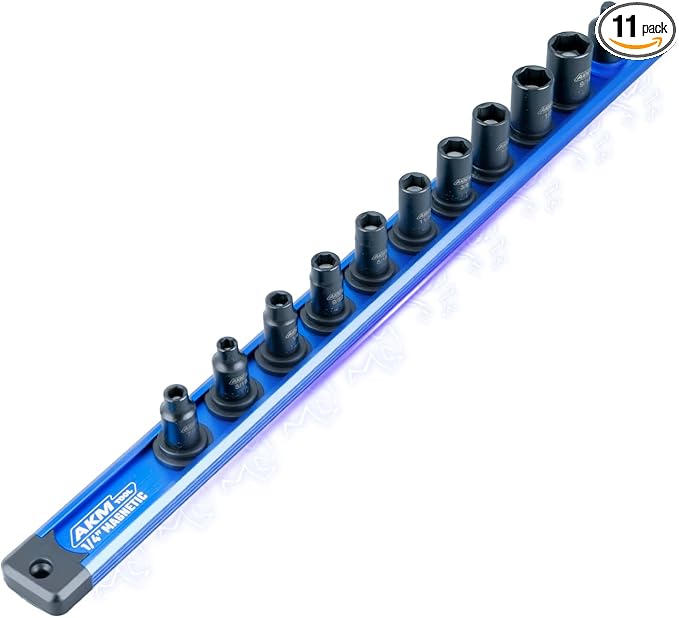 1/4 Inch Drive Magnetic Impact Socket Set, 11-Piece SAE, 7/32 Inch-9/16 Inch, 6 Point, Cr-Mo, Square Drive, Magnetic Sockets with Adapter, Rail
