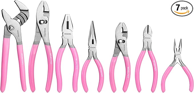WORKPRO 7-piece Pliers Set with Groove Joint, Long Nose, Slip Joint, Linesman, and Diagonal Pliers for DIY & Home Use - Pink Ribbon