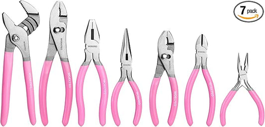 WORKPRO 7-piece Pliers Set with Groove Joint, Long Nose, Slip Joint, Linesman, and Diagonal Pliers for DIY & Home Use - Pink Ribbon
