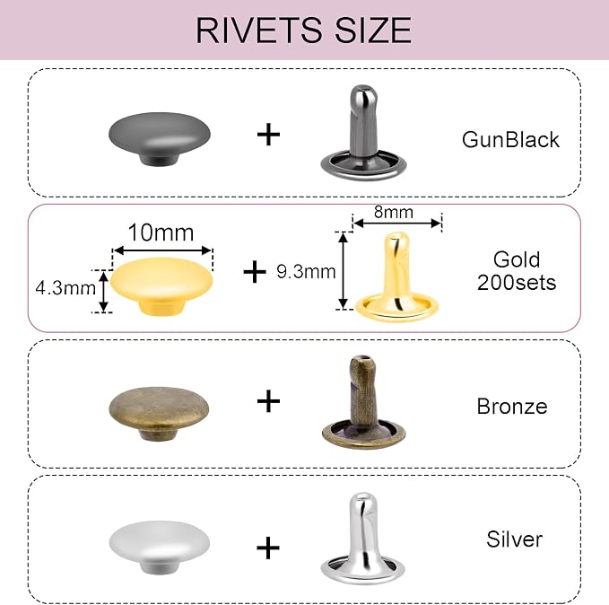 CooBigo 200Sets Rivets for Leather, 10mm Double Cap Leather Rivets Metal Tubular Studs for Leather Key Fob Clothing Pets Collar Boots Bags Belt Repair and Decoration (Gold)