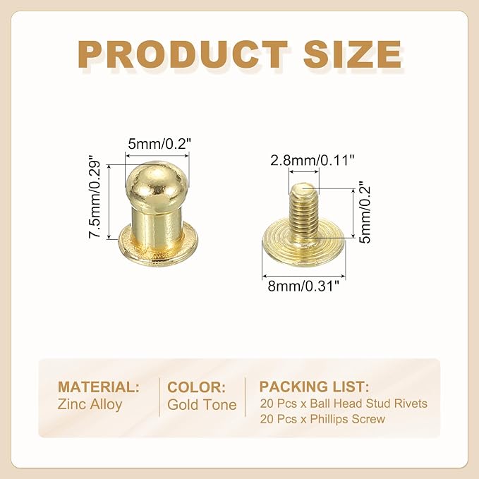 PATIKIL 5 mm Leather Rivets, 20 Sets Ball Head Stud Screw Back Round Head Button Chicago Screw Nipple Stud Rivet for Leather DIY Craft Handbag Belt Repairs, Gold Tone