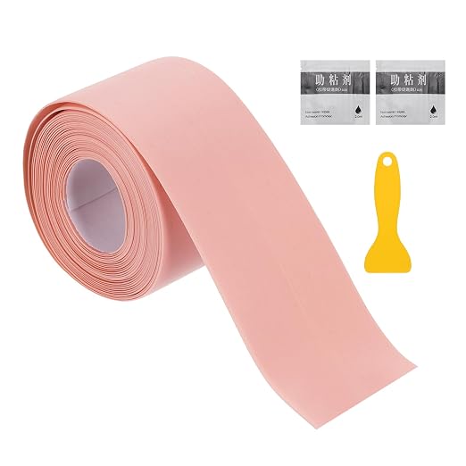 uxcell Caulk Tape Waterproof, 1.5 Inch x 10.5 ft Self-Adhesive Sealant Sealing Strip Caulking Sealant Tape PVC with Tool for Kitchen Sink Toilet Bathroom Bathtub Floor, Pink