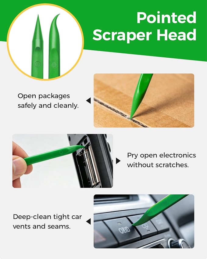 12Pcs Plastic Scraper Tool, Crevice Cleaning Tool, Non-Scratch Car Detailing Supplies for Cleaning, Versatile Label/Sticker Remover & Peeler Tool for Tight Spaces (Green-12Pcs)