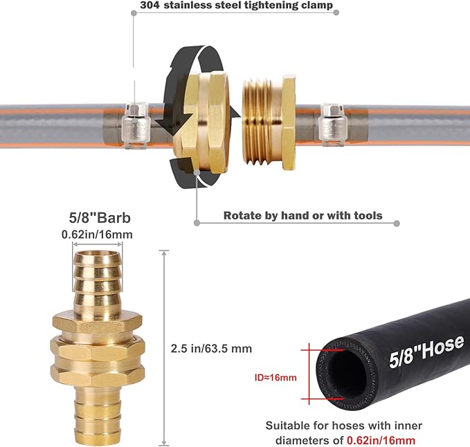 Garden Solid brass Hose Repair Connector with Clamps,Fit for Garden Hose Fitting,Male and Female Hose Fittings 10 Set (5/8"-10 Set)