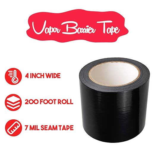 Vapor Barrier Tape, 7 Mil Black Polyethylene Tape Sealing Moisture Barrier Seam, Seal Tape for Crawl Space, Underlayment, Marine Use, Insulation Tape, Waterproof, 4'', 200 Foot