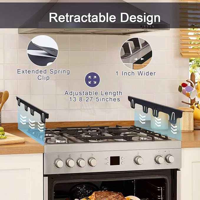 Stove Gap Covers Stainless Steel, Retractable Stove & Counter Gap Filler (13.8''–27.5''), Width 1'', Heat Resistant Metal Guard Between Stove and Countertop, Black