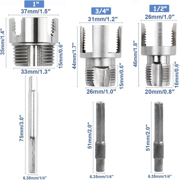 3 PCS Integrated PVC Pipe Threading Tool, Premium Carbon Steel Dual-Function Internal & External Pipe Threader for 1/2", 3/4", 1" Sizes PVC Pipes Suit for All Electric Drills (1/2"+3/4"+1")
